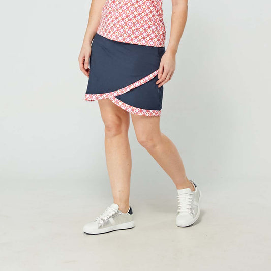 Swing Out Sister Ladies Navy Pull-On Scalloped Skort with Lush Pink and Mandarin Print Trim