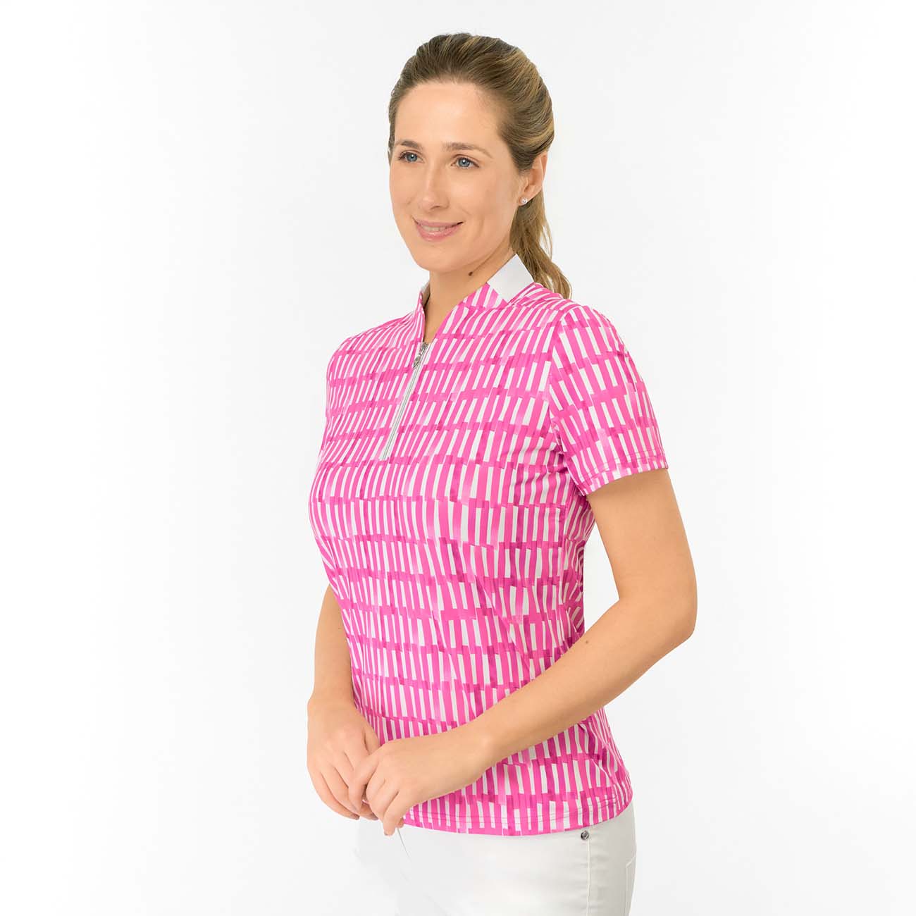 Pure Golf Ladies Short Sleeve Polo with Geometric Lattice Print for Modern Feminine Style
