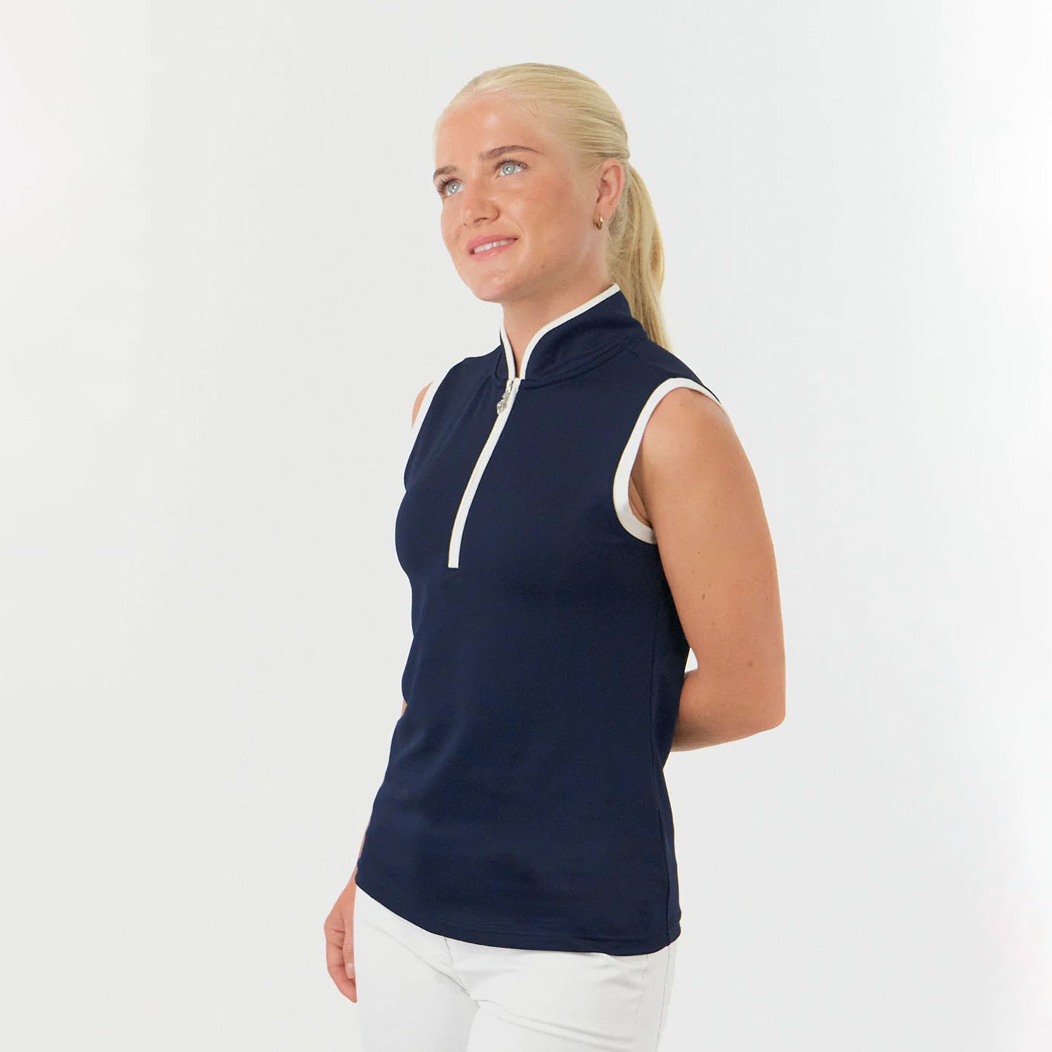 Pure Golf Ladies Sleeveless Mandarin Polo Shirt in Navy