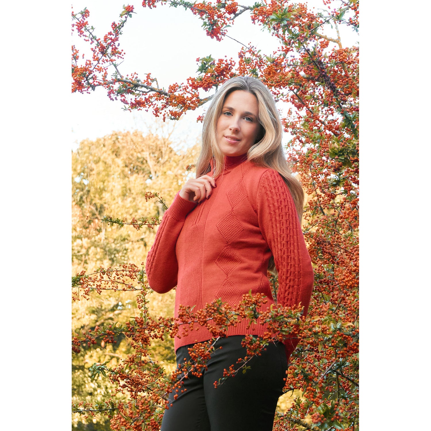Pure Ladies Cable Knit Lined Quarter Zip Sweater in Orange