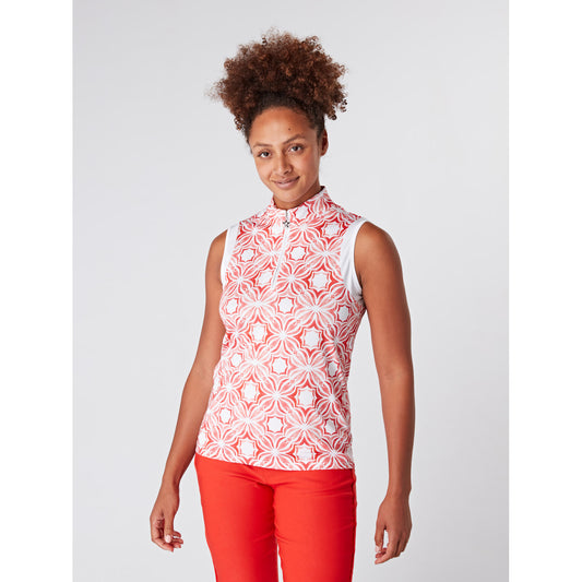 Swing Out Sister Ladies Sleeveless Print Polo with Zip-neck in Code Red