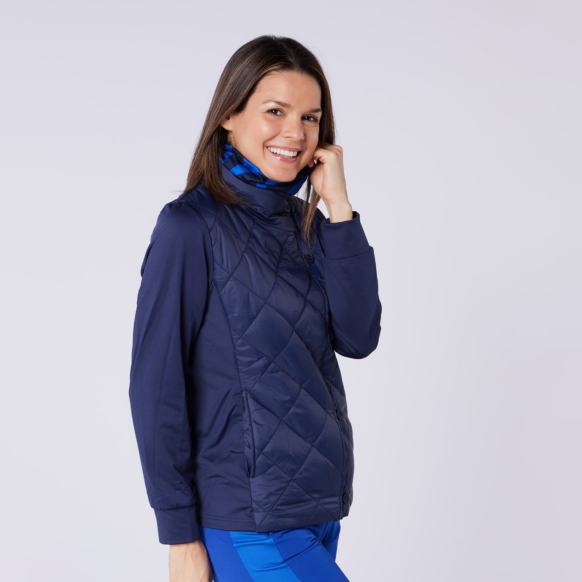 Swing Out Sister Ladies Quilted Hybrid Jacket with Lightweight Insulation in Navy