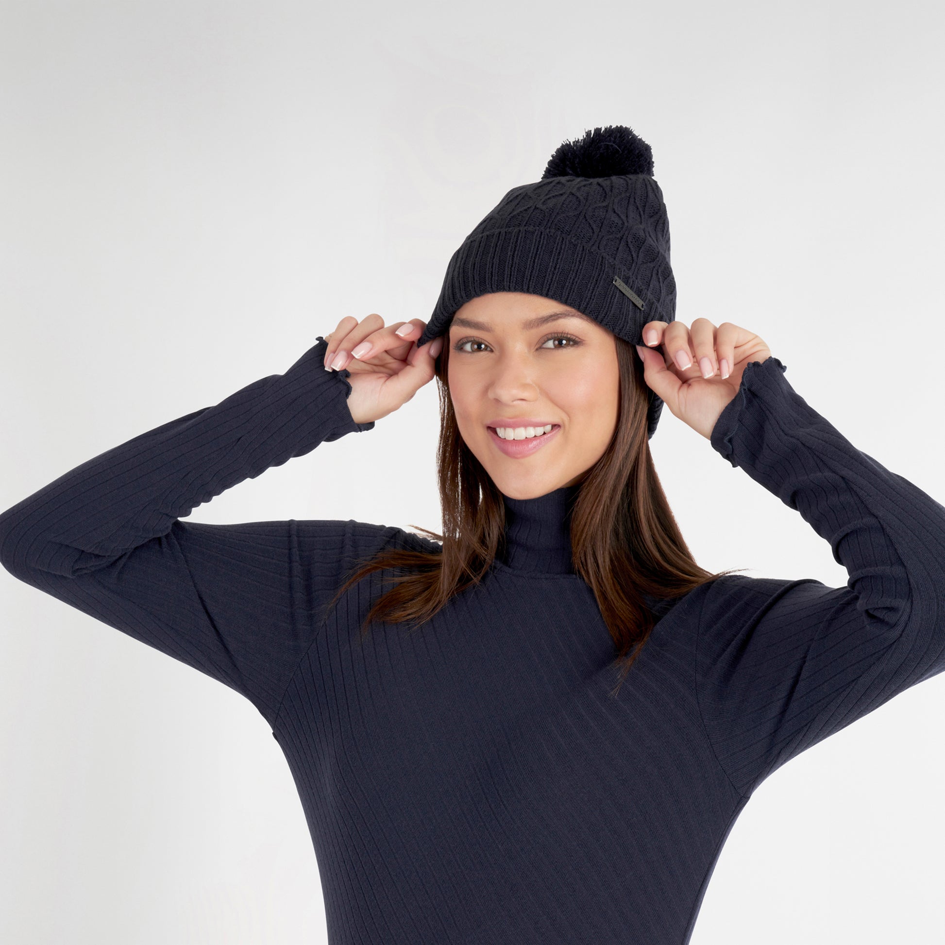 Green Lamb Ladies Fleece Lined Cable Knit Bobble Hat in Navy