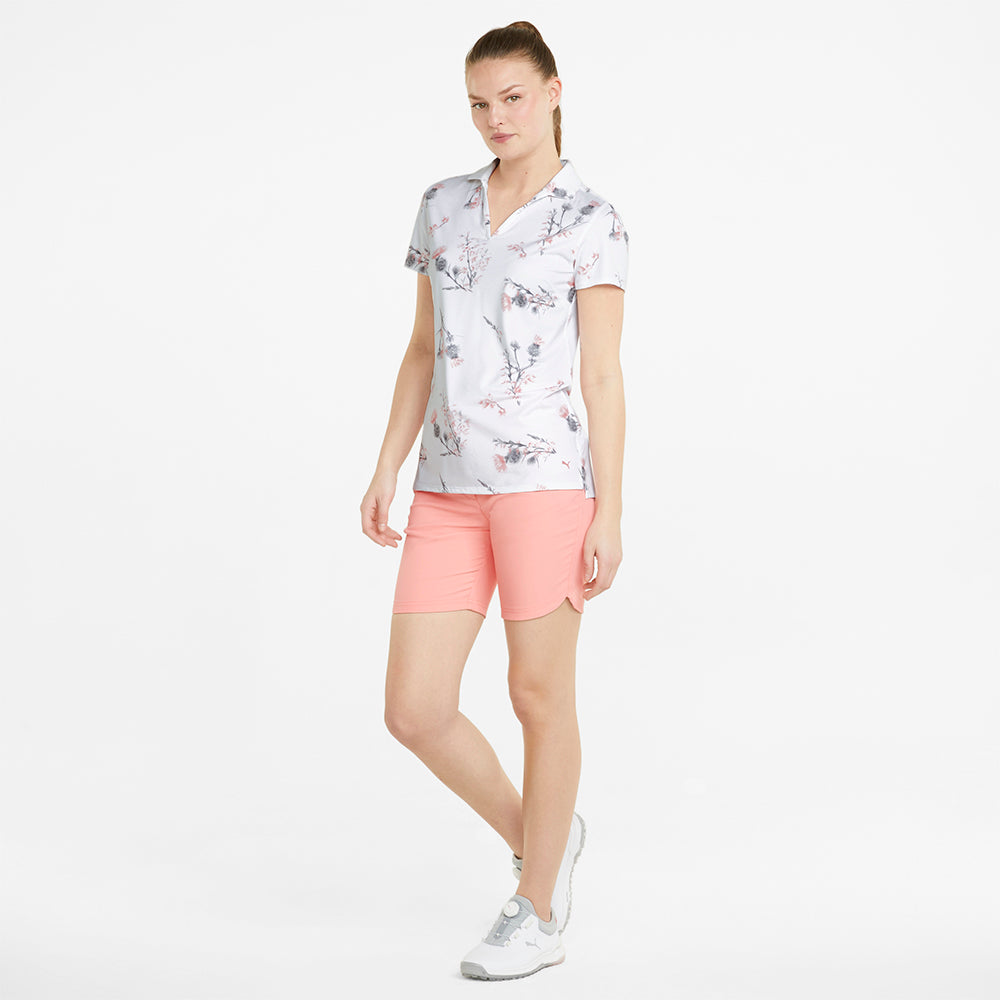 Puma Ladies MATTR Lowlands Golf Polo in Bright White & Carnation Pink