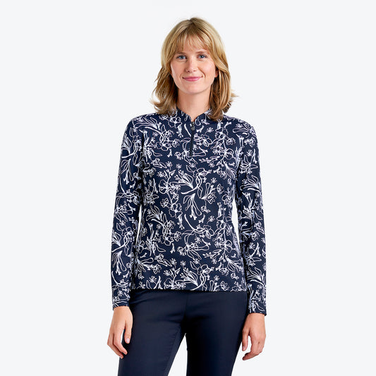 Nivo Ladies Long Sleeve Golf Polo in Black & White Abstract Floral Print 