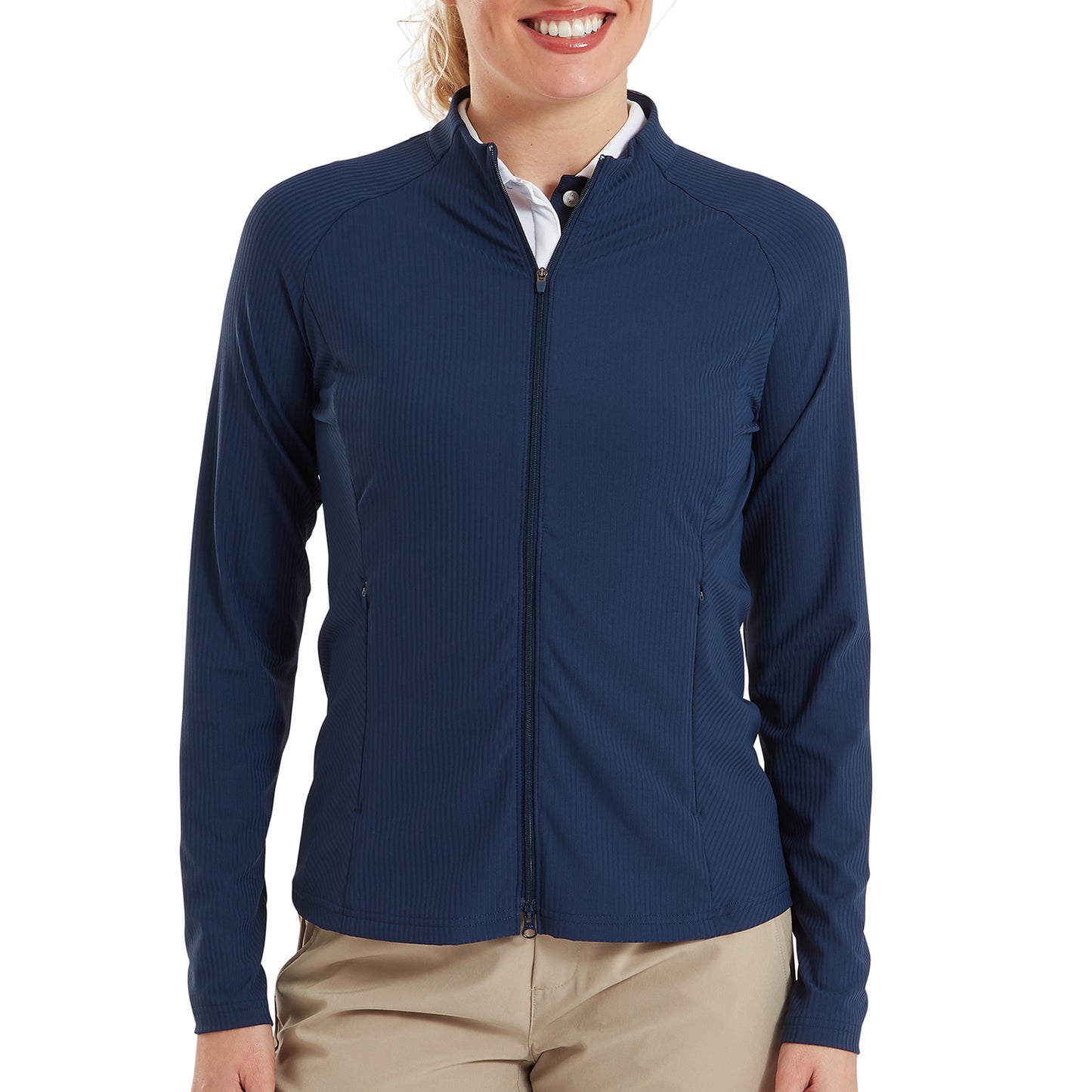 FootJoy Ladies Full Zip Mid-Layer in Navy with Ribbed Details for a Striking Silhouette