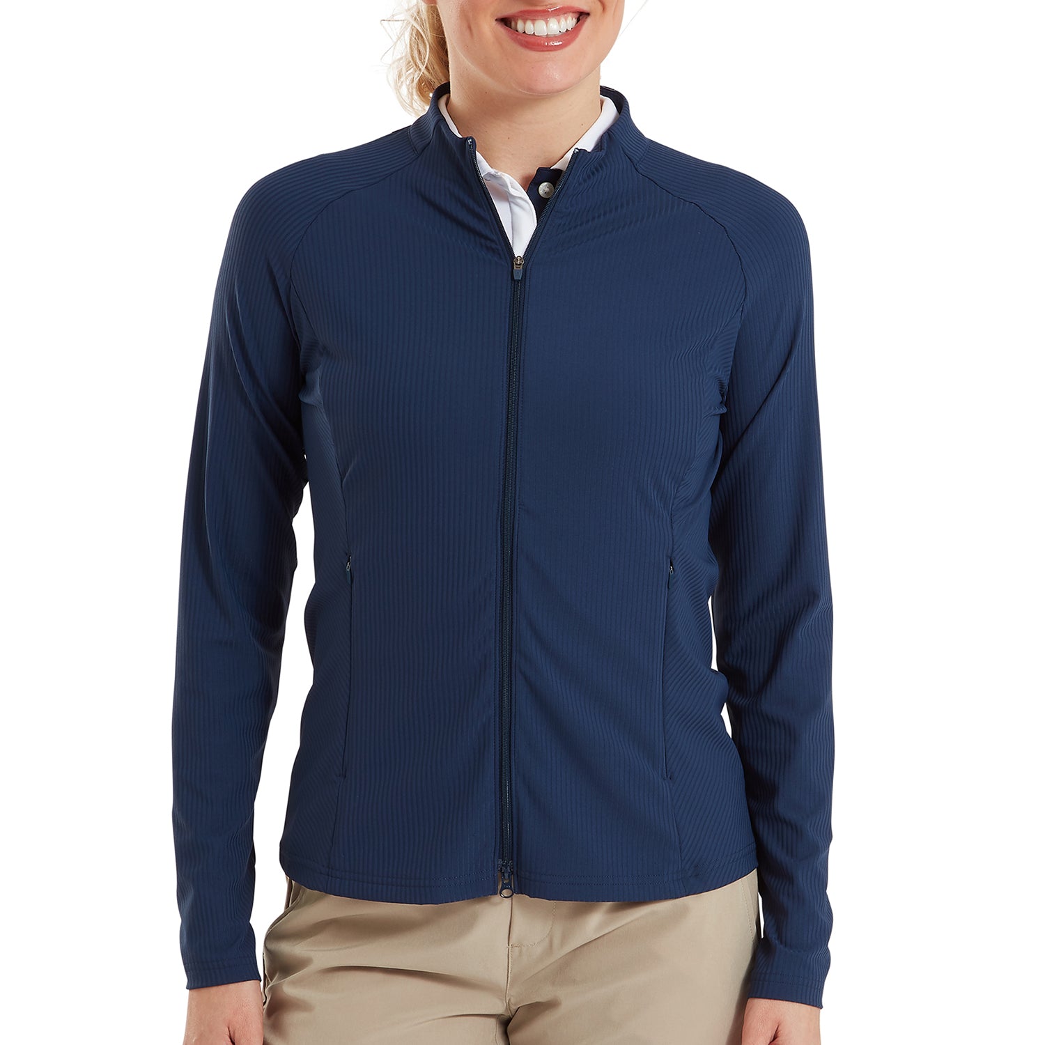 FootJoy Ladies Full Zip Mid-Layer in Navy with Ribbed Details for a Striking Silhouette