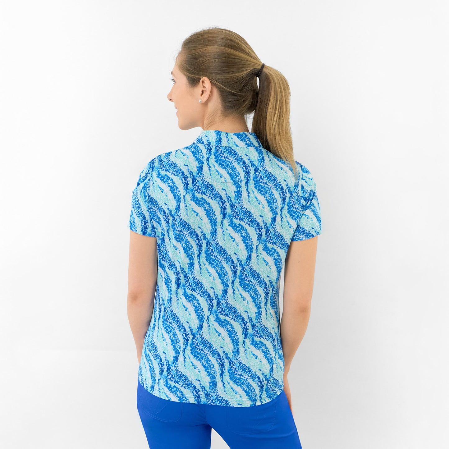 Pure Ladies Short Sleeve Buttoned Polo in Flowing Wave Print for Playful Style & All-Day Comfort