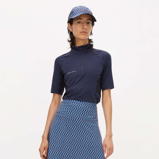 Rohnisch Women's Short Sleeve Zip-Neck Top with Textured Panels in Navy