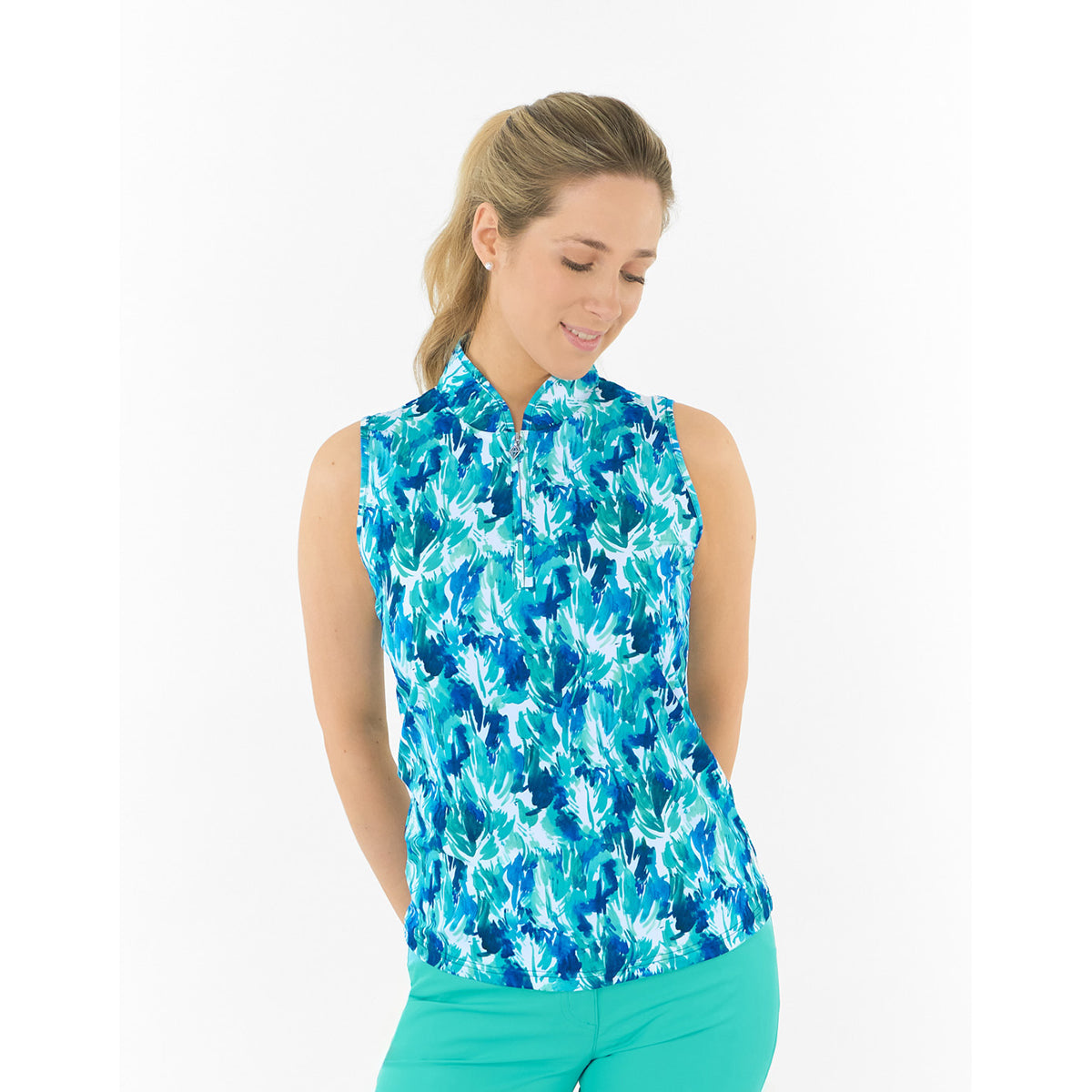 Pure Golf Ladies Sleeveless Polo in Abstract Botanical Print 