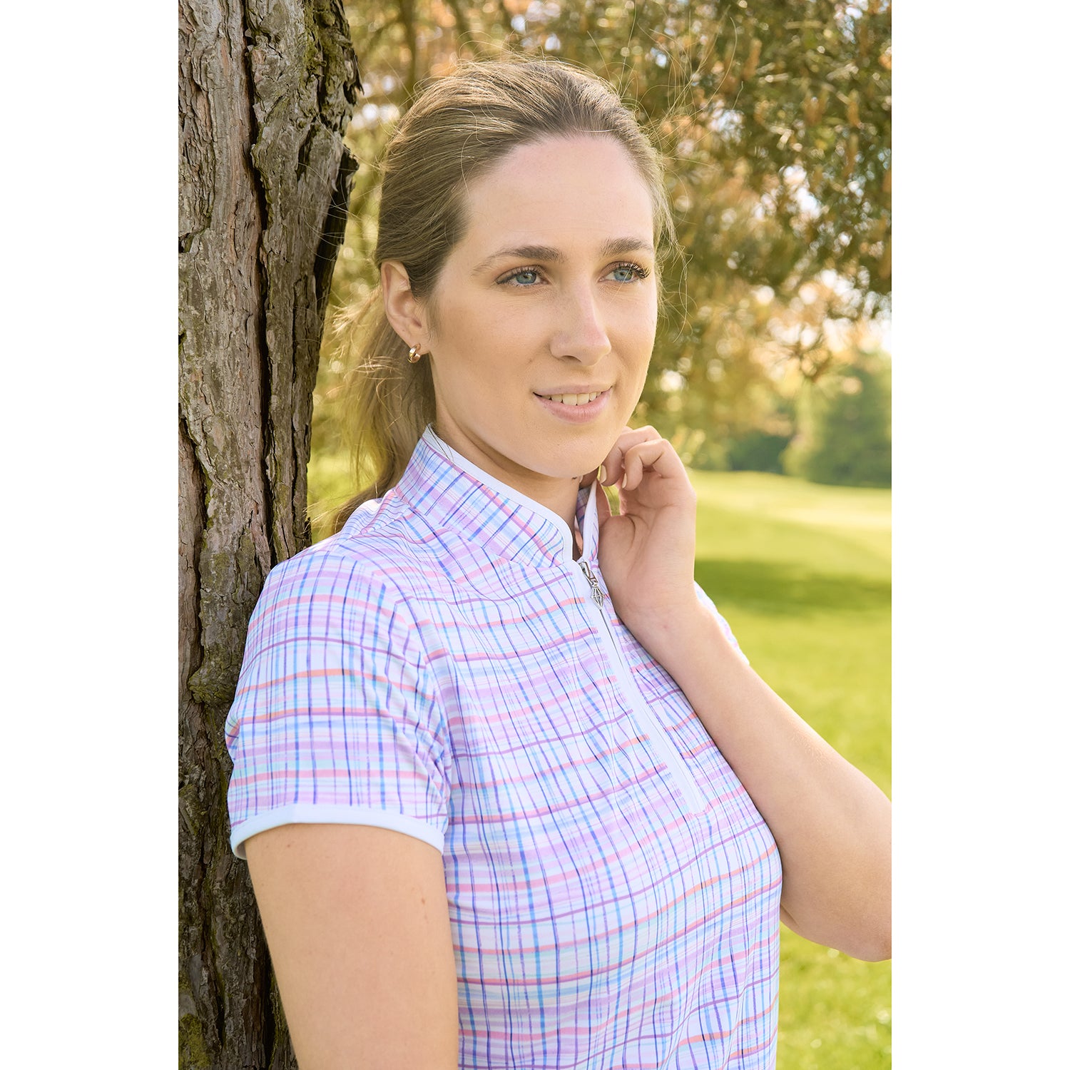 Pure Golf Cap Sleeve Zip Top in Pastel Check Print