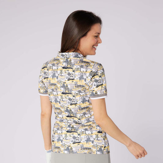 Swing Out Sister Ladies Ultra-Soft Short Sleeve Polo with Head Turning Print for All Day Style & Comfort