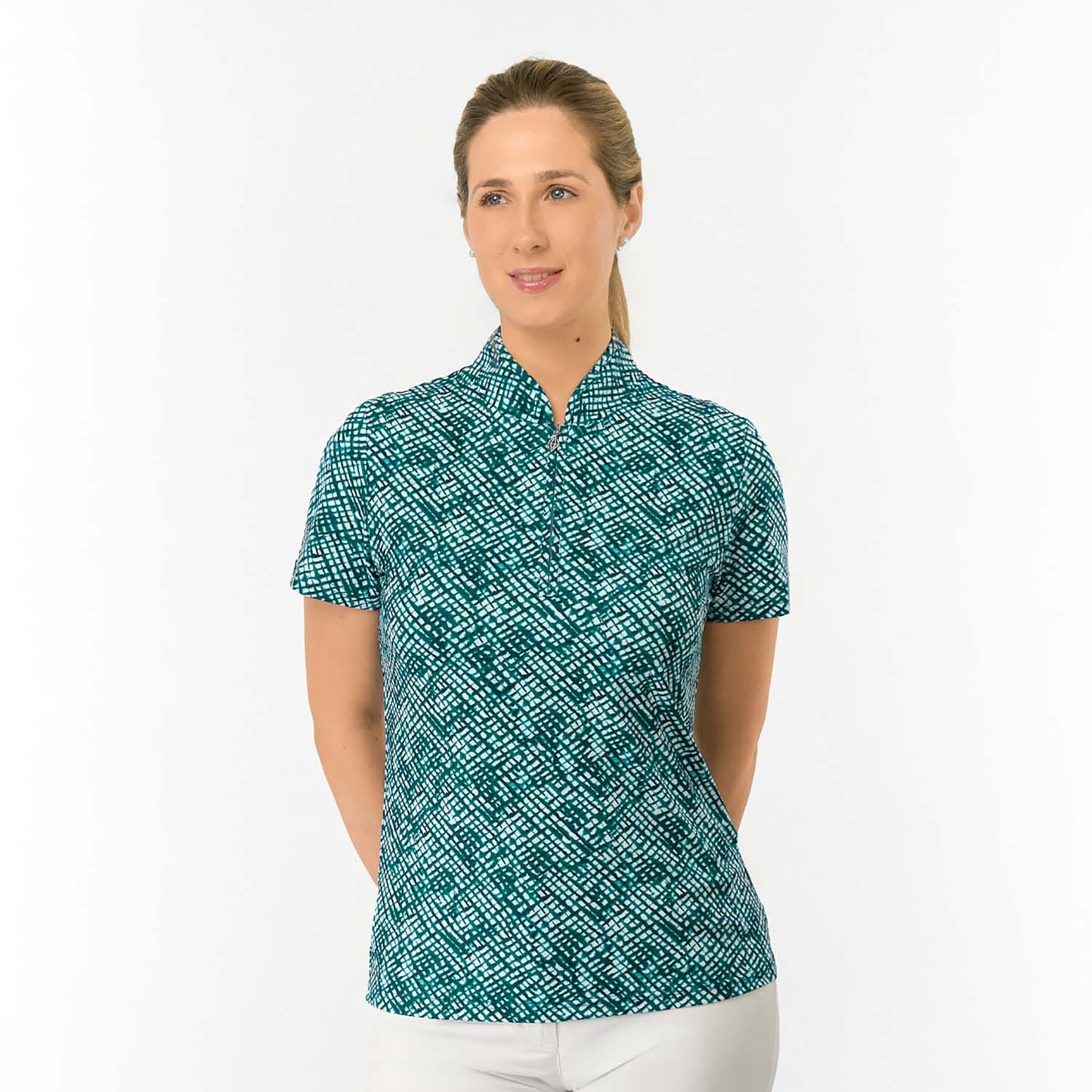 Pure Golf Ladies Sleeveless Polo with Abstract Crosshatch Print for Modern Course Style