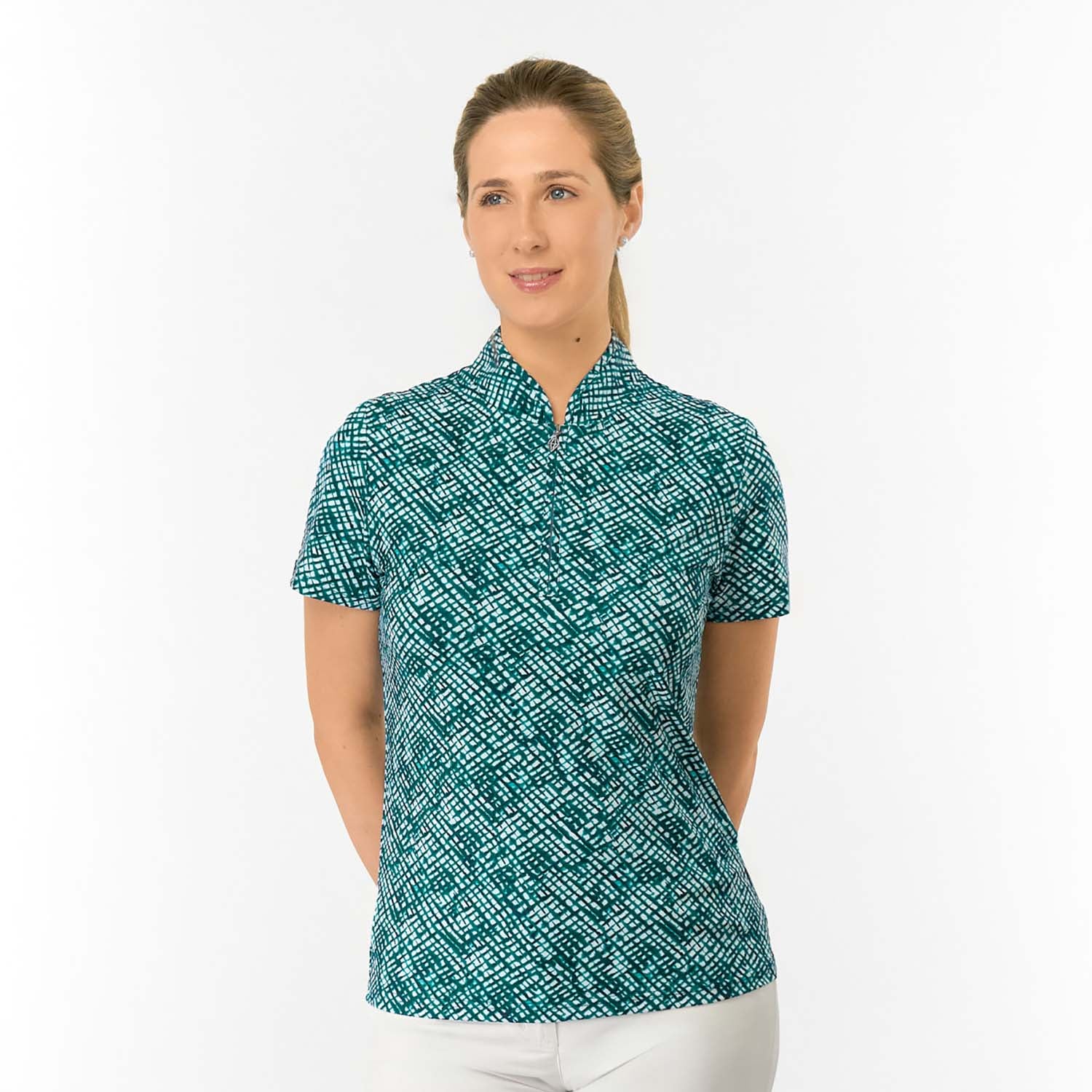 Pure Golf Ladies Sleeveless Polo with Abstract Crosshatch Print for Modern Course Style