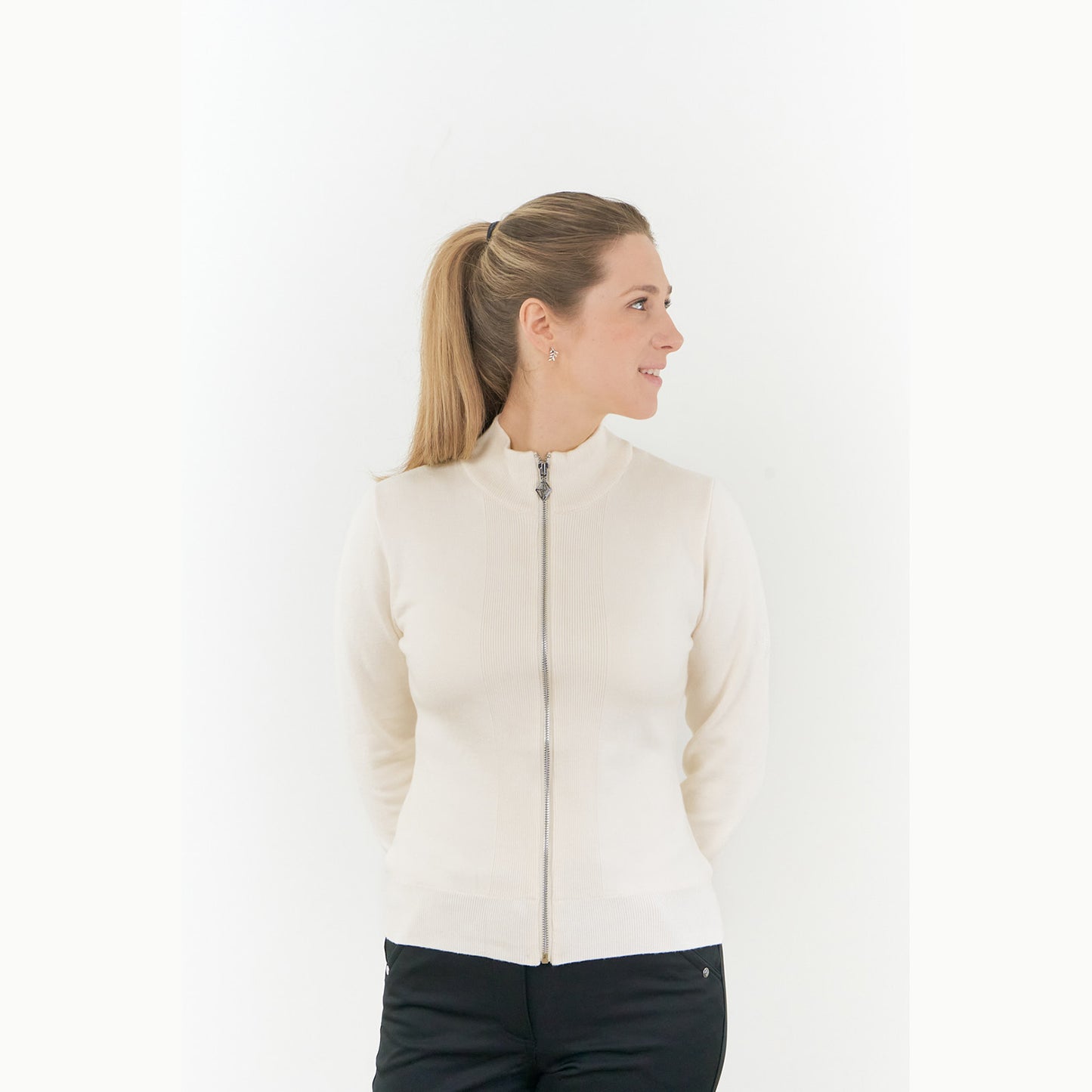 Pure Ladies Full Zip Lined Sweater in Champagne