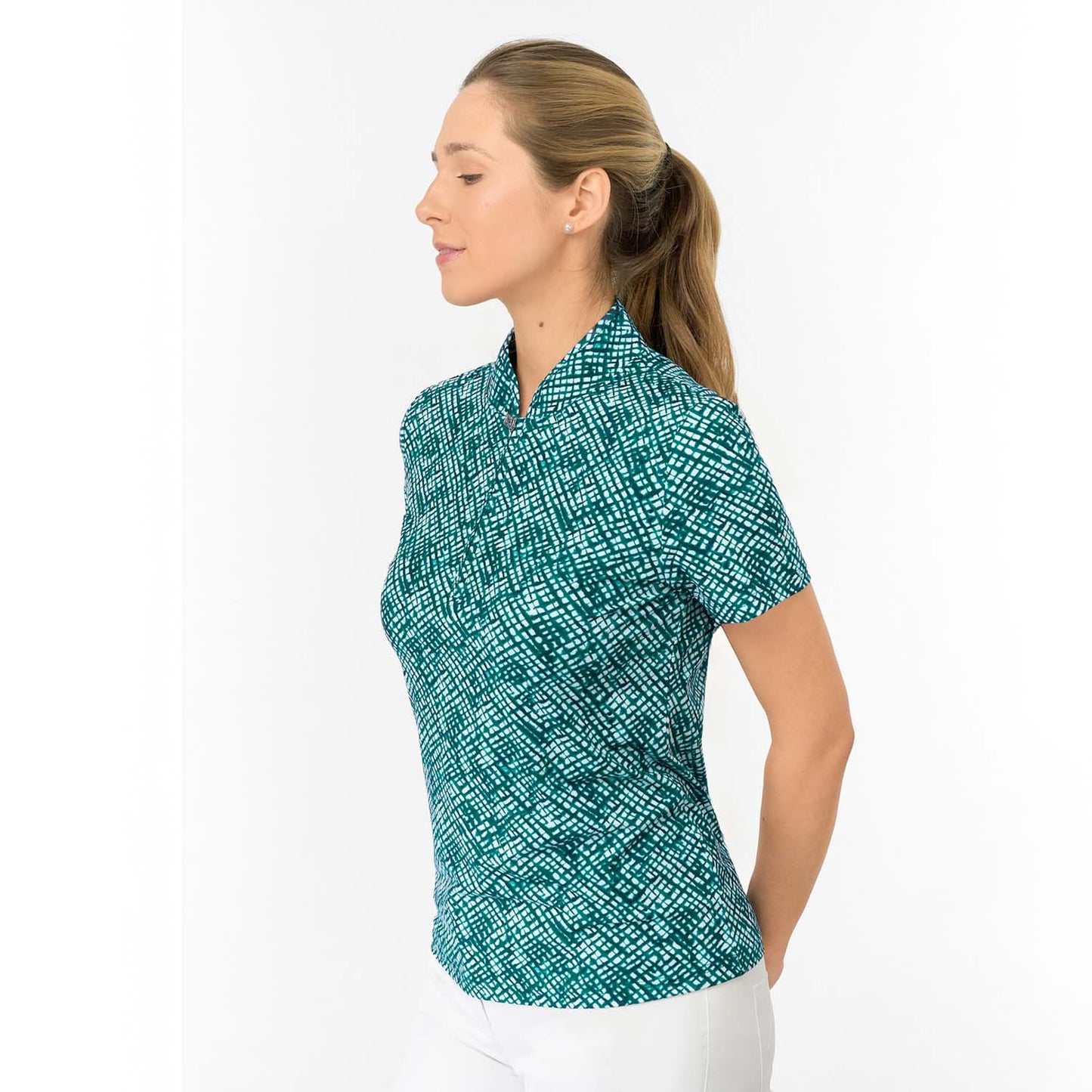 Pure Golf Ladies Sleeveless Polo with Abstract Crosshatch Print for Modern Course Style