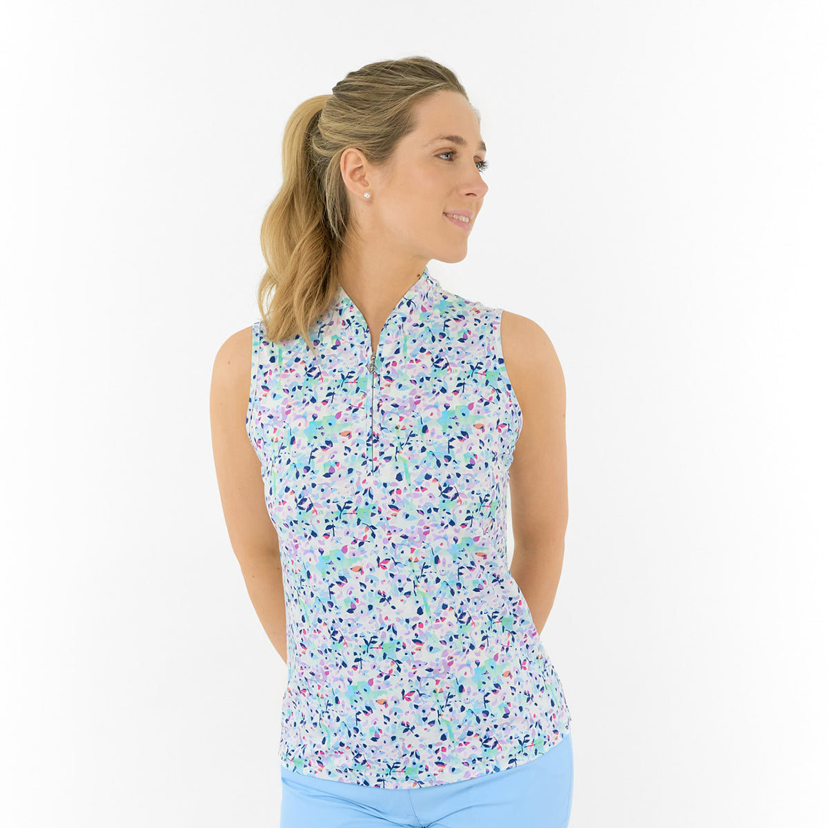Pure Golf Ladies Sleeveless Polo in Abstract Nature Print – Inspired by Nature, Designed for Performance