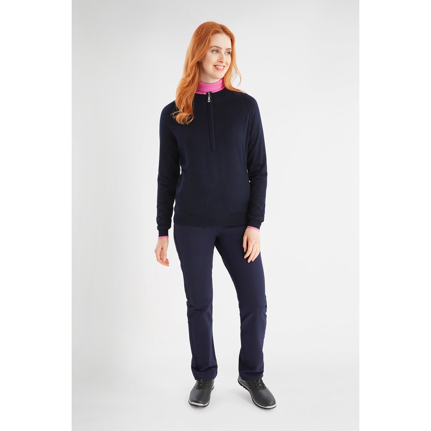 Green Lamb Ladies Cashmere Mix Lined Windstopper Sweater in Navy/Bubble Gum