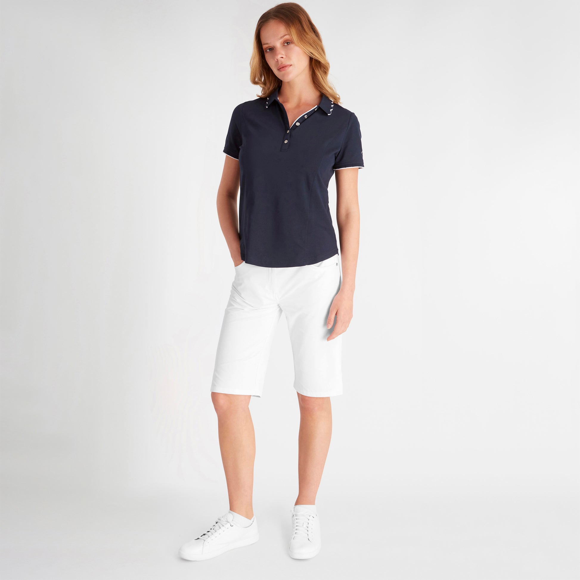 Green Lamb Ladies Short Sleeve Navy Golf Polo with Scalloped Collar