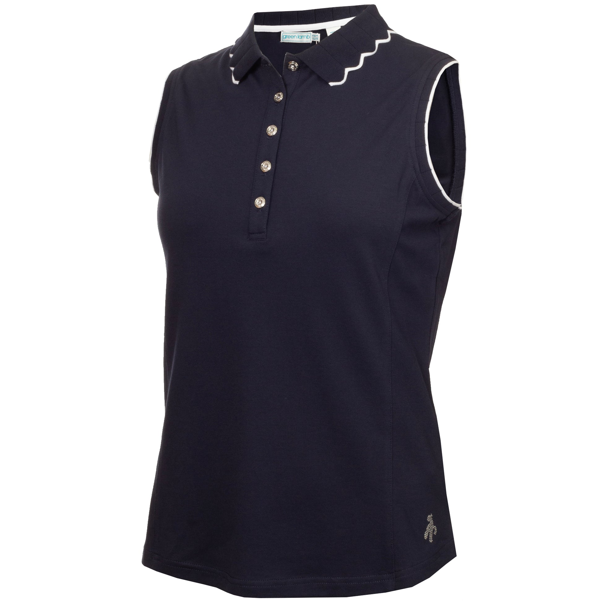 Green Lamb Ladies Sleeveless Polo with Scalloped Collar in Navy