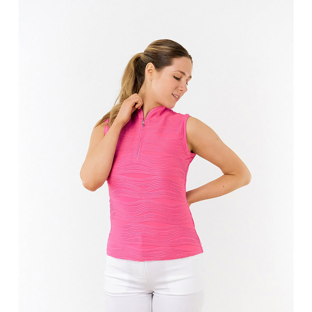 Pure Ladies Textured Wave Print Sleeveless Polo Shirt in Azalea Pink