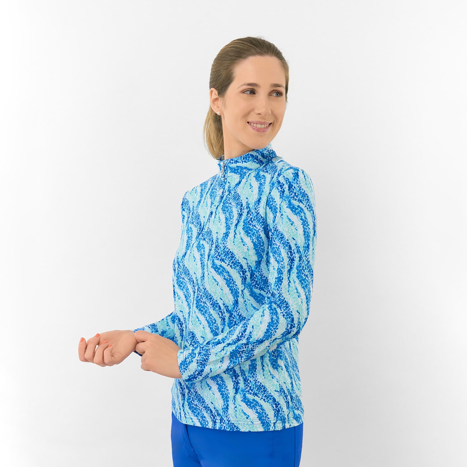Pure Ladies Long Sleeve Top in Flowing Wave Print for Playful Style & All-Day Comfort