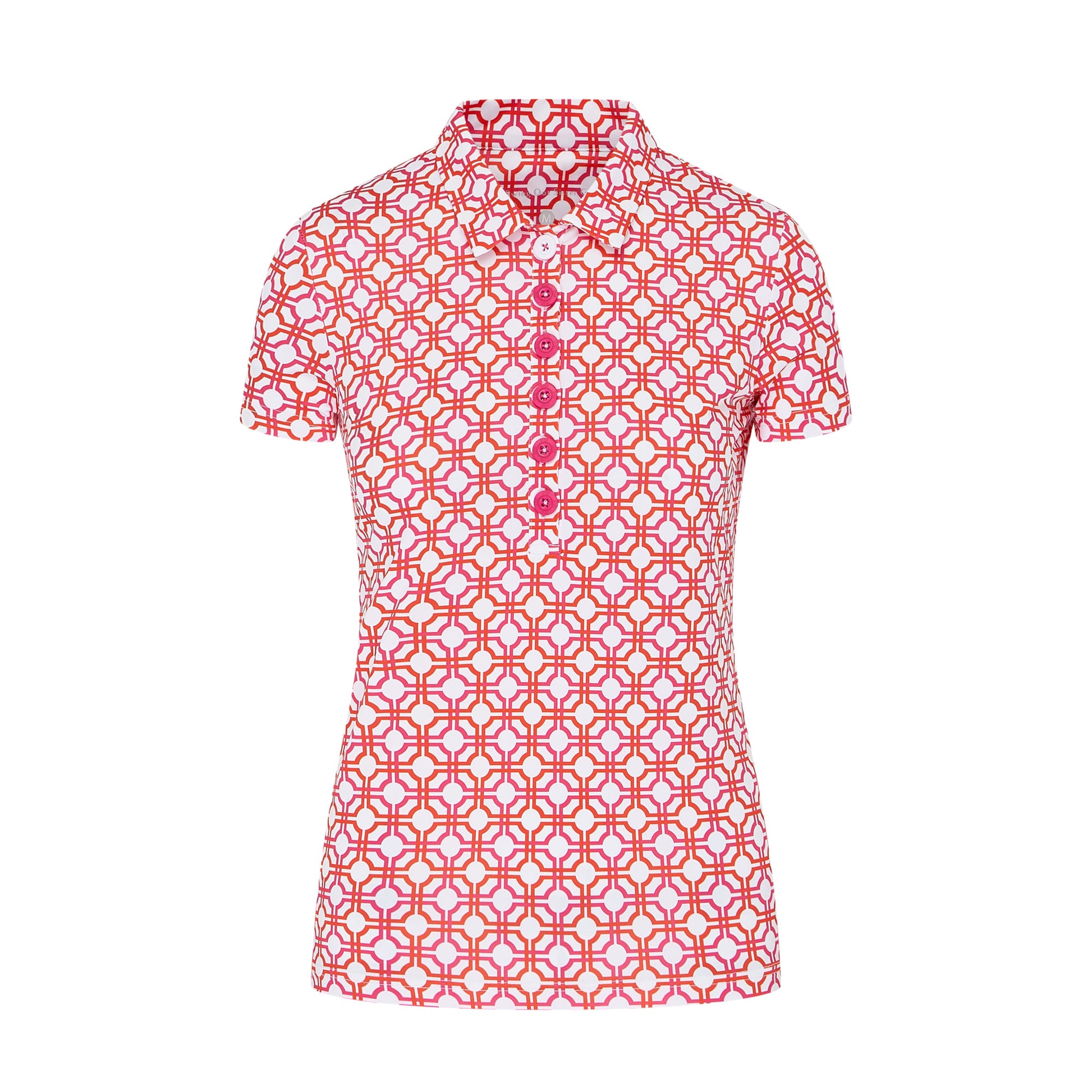 Swing Out Sister Ladies Cap Sleeve Polo in Lush Pink and Mandarin Mosaic Pattern