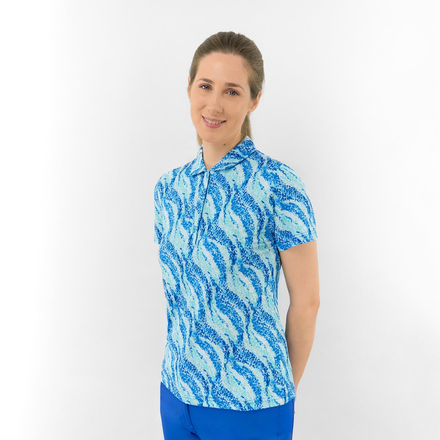 Pure Ladies Short Sleeve Buttoned Polo in Flowing Wave Print for Playful Style & All-Day Comfort