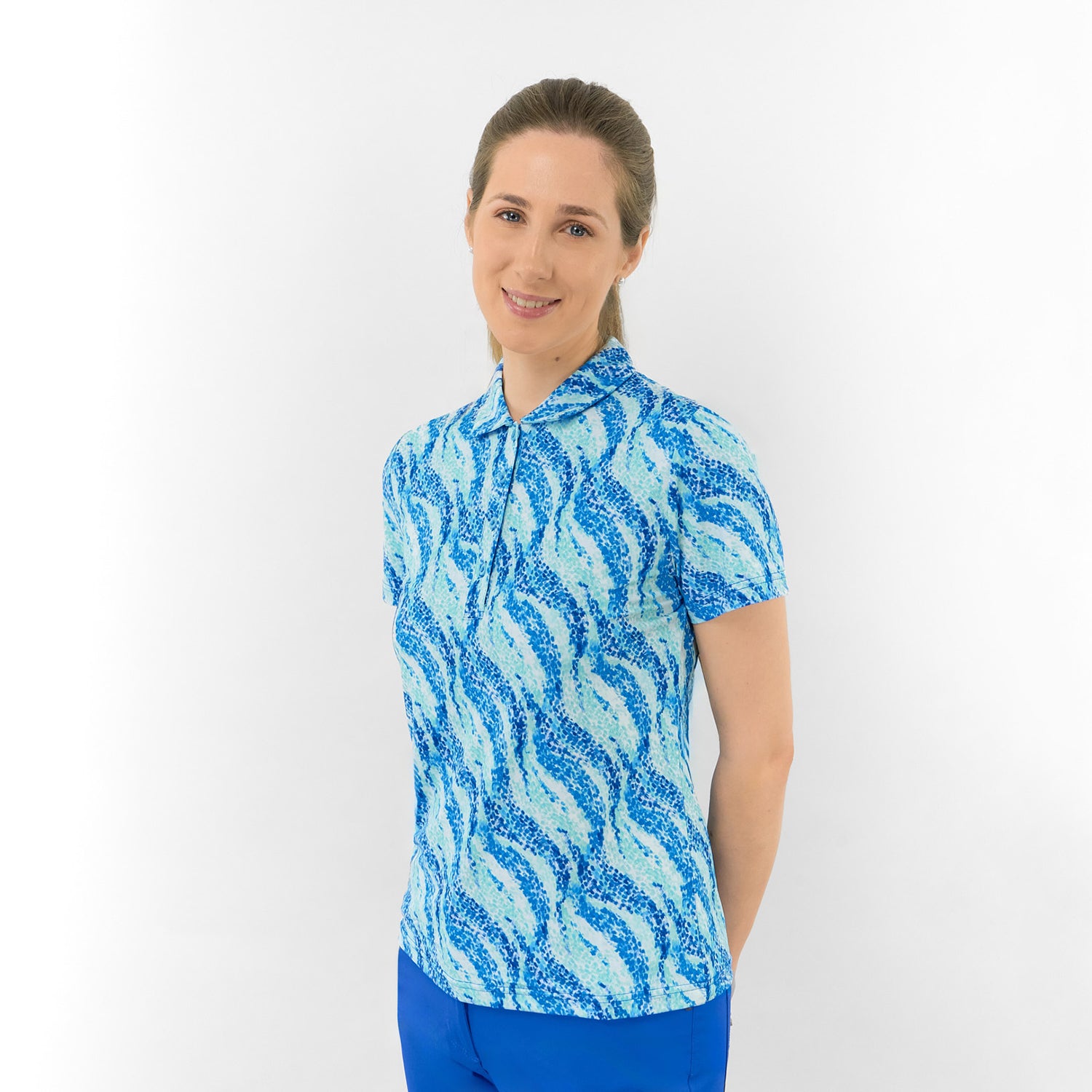 Pure Ladies Short Sleeve Buttoned Polo in Flowing Wave Print for Playful Style & All-Day Comfort