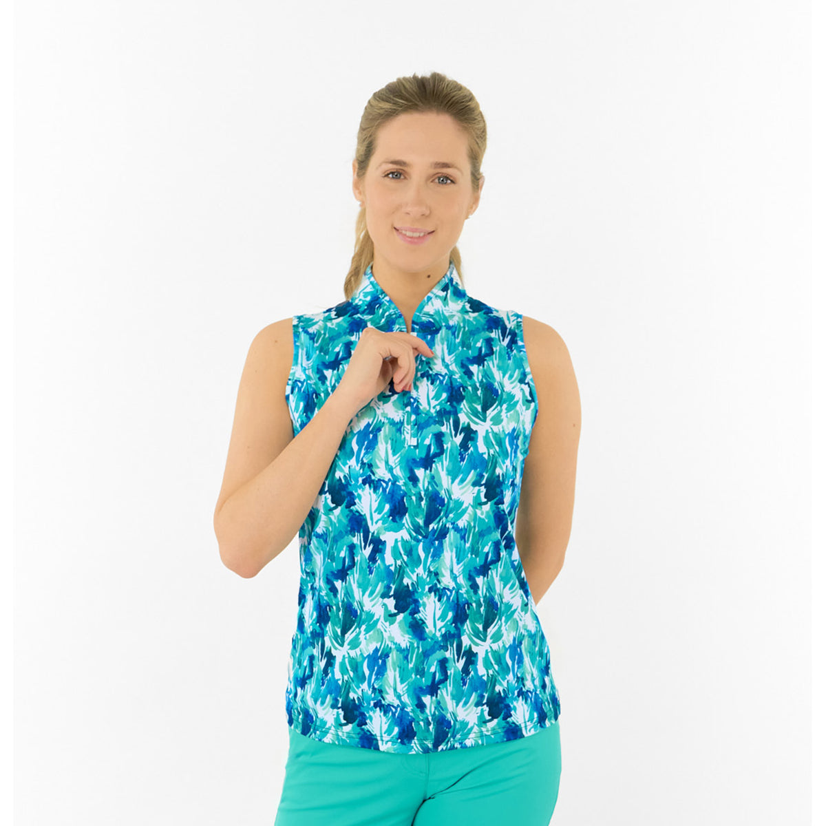  Pure Golf Ladies Sleeveless Polo in Abstract Botanical Print 