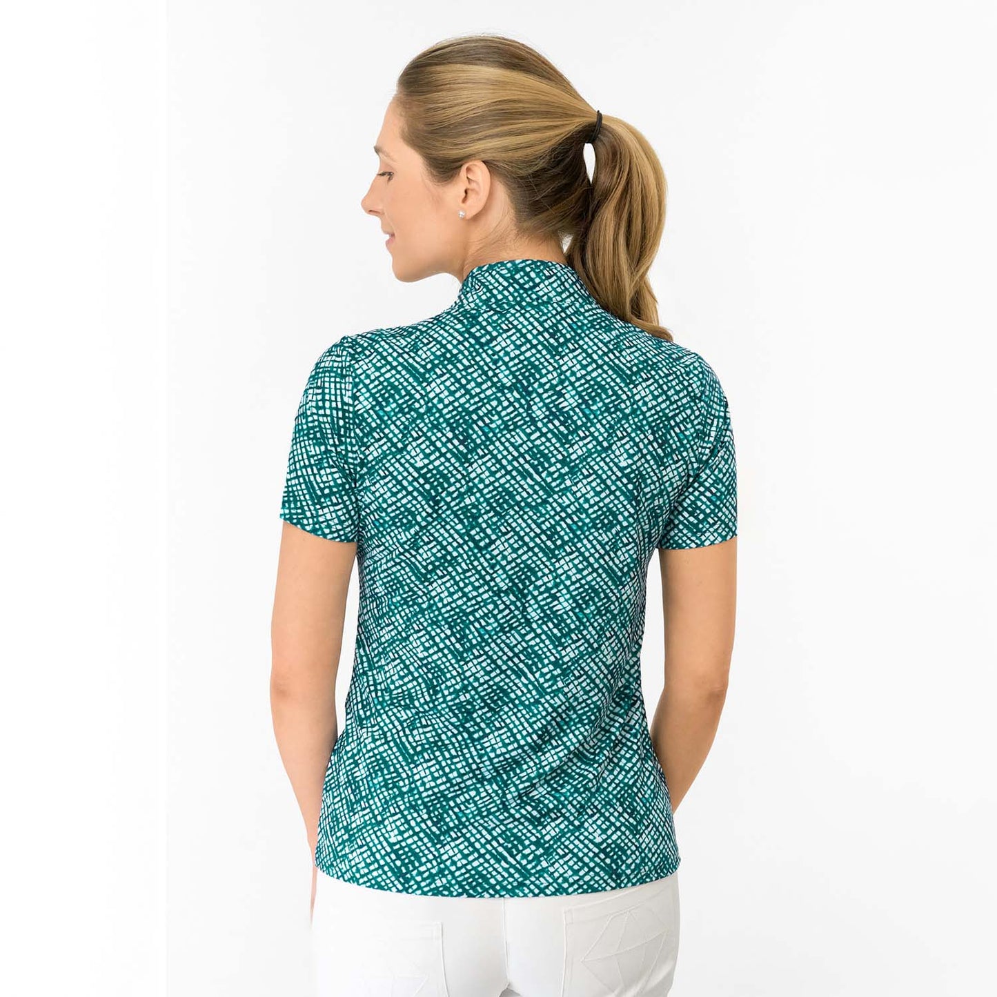 Pure Golf Ladies Sleeveless Polo with Abstract Crosshatch Print for Modern Course Style