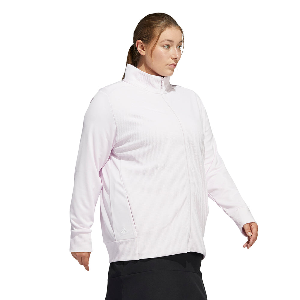 adidas Ladies Plus Size Lightweight Textured Jersey Golf Jacket in Almost Pink