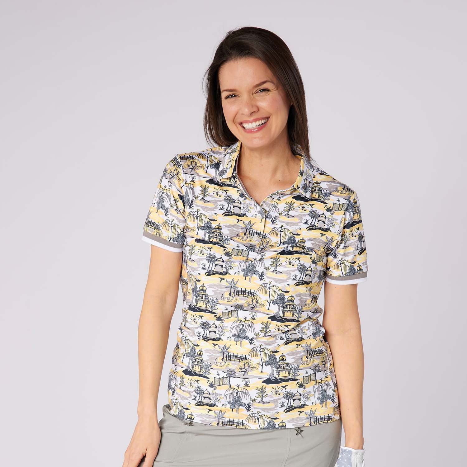Swing Out Sister Ladies Ultra-Soft Short Sleeve Polo with Head Turning Print for All Day Style & Comfort