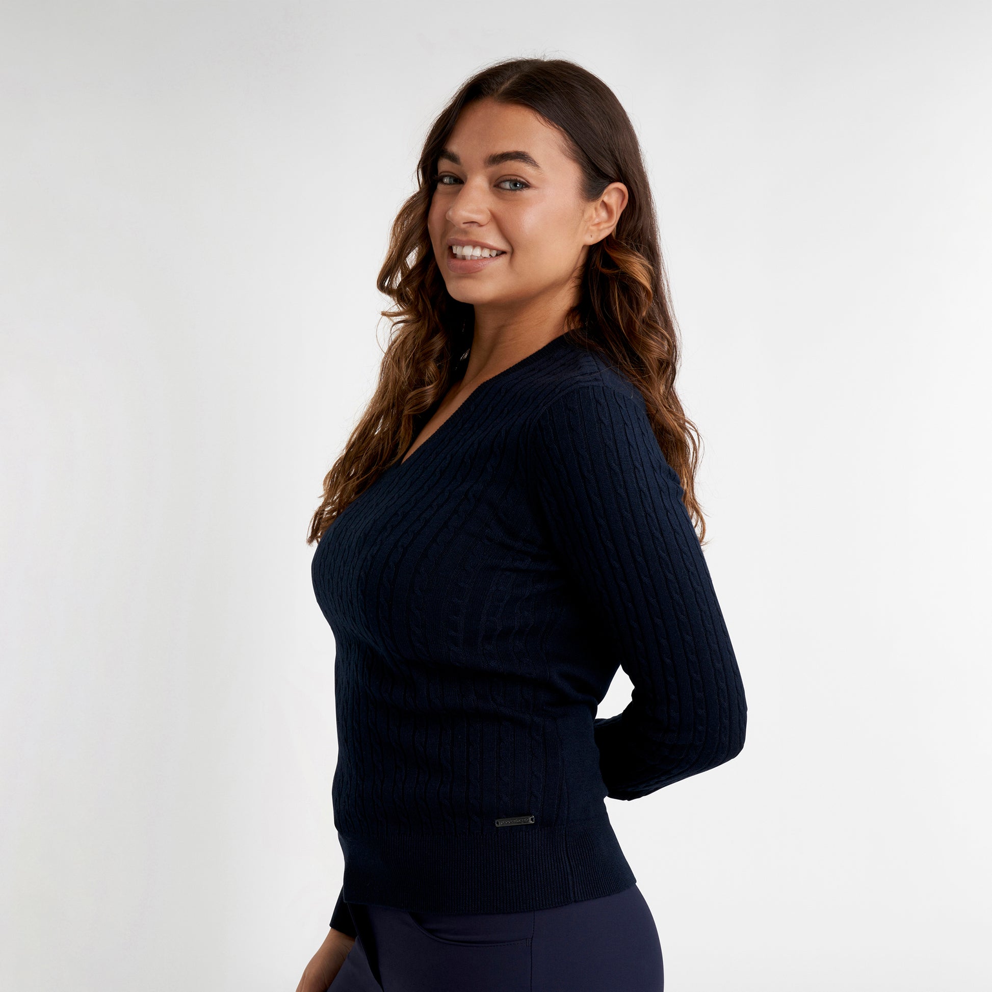 Green Lamb Ladies Cashmere Blend V-Neck Cable Knit Sweater in Navy