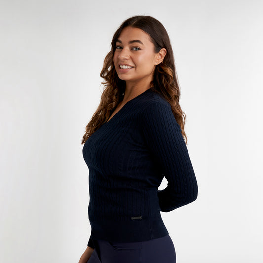 Green Lamb Ladies Cashmere Blend V-Neck Cable Knit Sweater in Navy