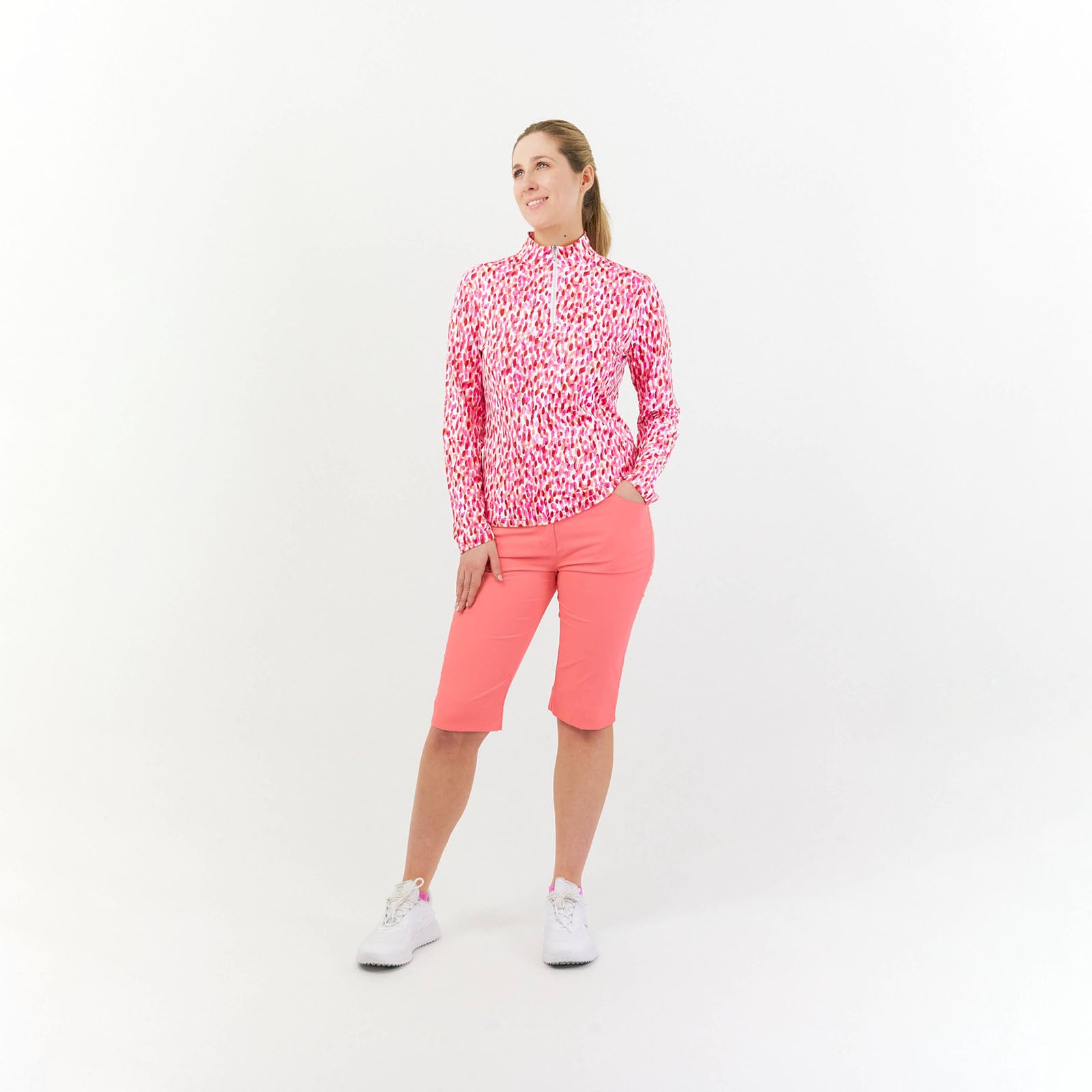 Pure Golf Ladies Long Sleeve Top in Petal Polka Print with Sun Protection