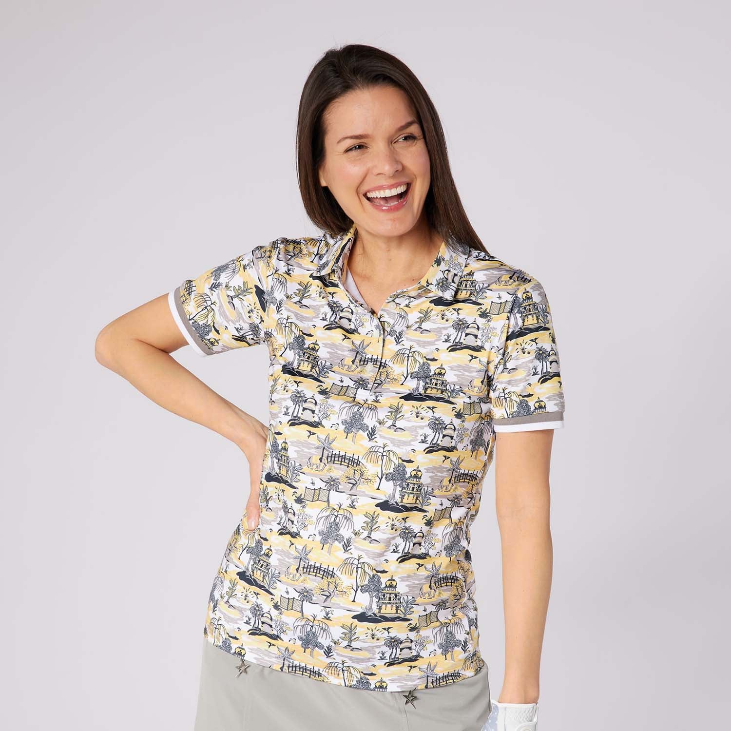 Swing Out Sister Ladies Ultra-Soft Short Sleeve Polo with Head Turning Print for All Day Style & Comfort
