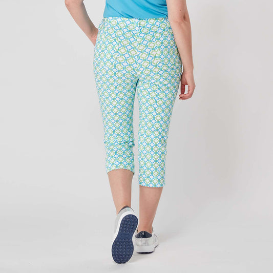 Swing Out Sister Women's Pull-On Capris in Dazzling Blue and Emerald with Mosaic Pattern