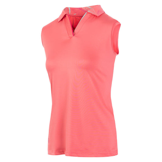 Island Green Ladies Sleeveless Polo in Coral Pink with Leaf Print 