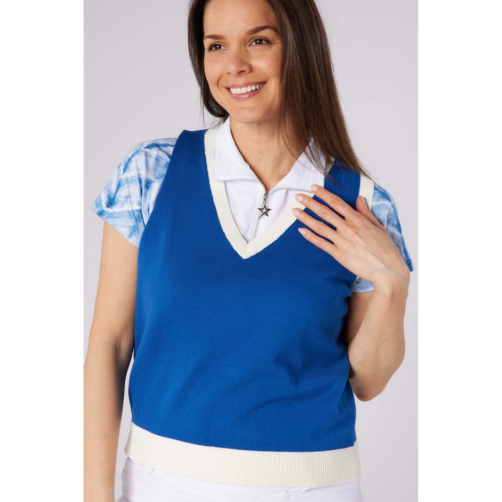 Swing Out Sister Ladies Soft Cotton Sleeveless Sweater with Head turning Colour Block Trim