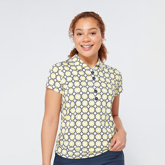 Swing Out Sister Ladies Cap Sleeve Polo in Sunshine and Navy Mosaic Pattern	