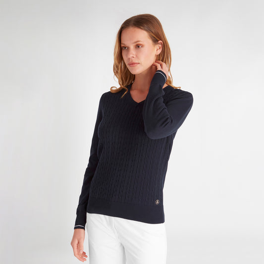 Green Lamb Ladies Navy Cable Knit V-Neck Sweater