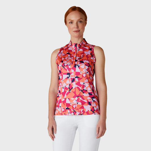 Callaway Ladies Snap Placket Sleeveless Polo in Geometric Floral Print