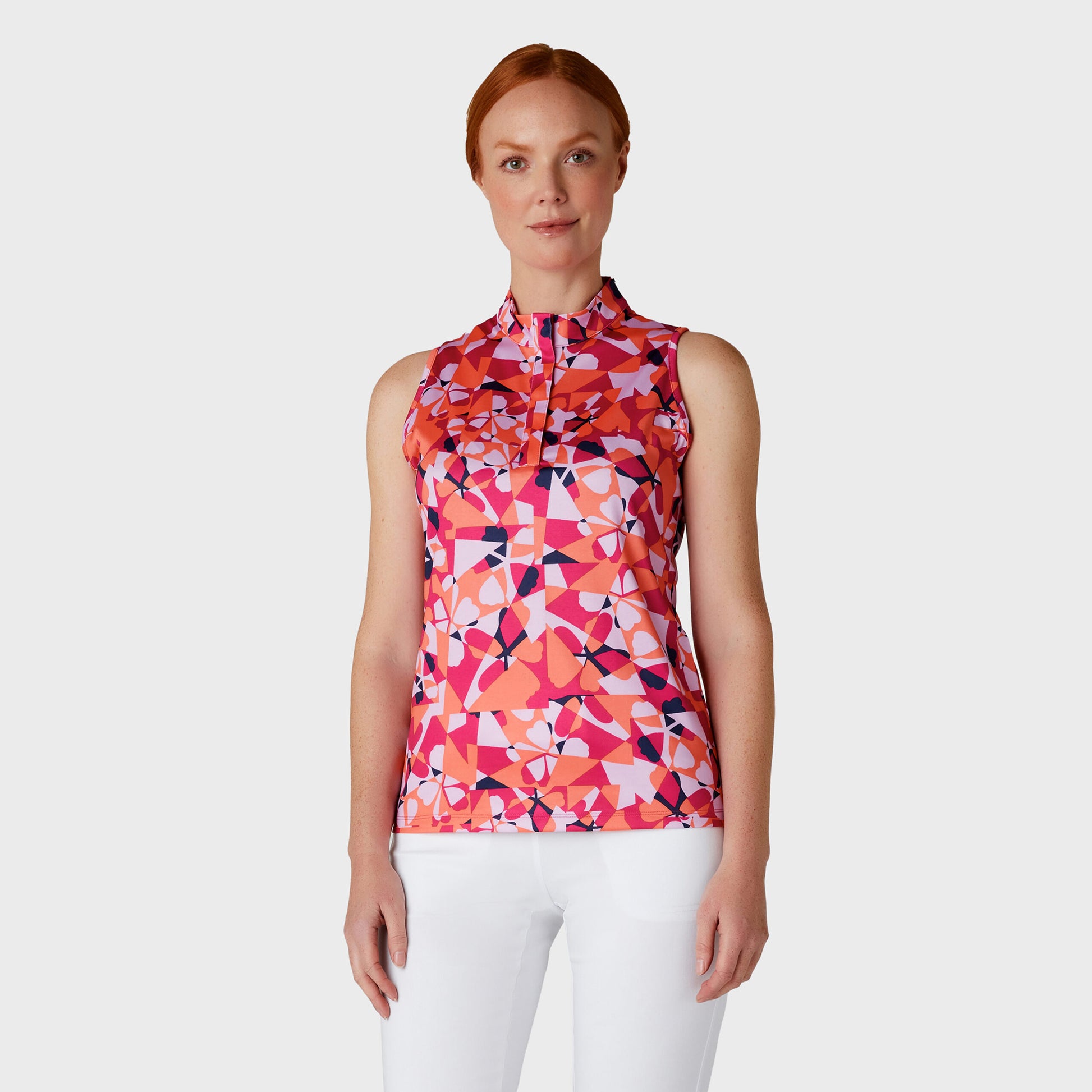 Callaway Ladies Snap Placket Sleeveless Polo in Geometric Floral Print