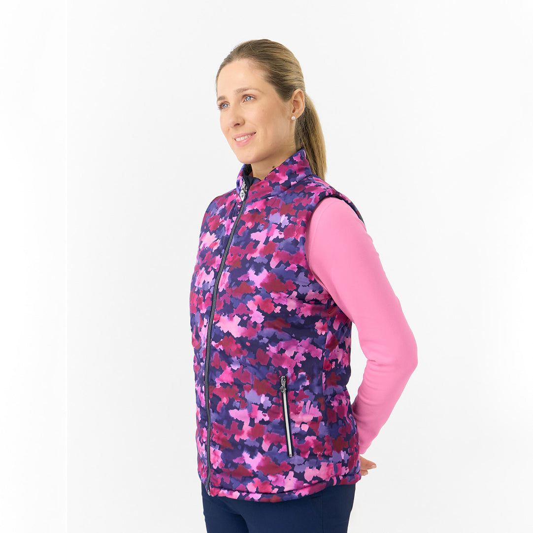 Pure Golf Ladies Reversible Gilet in Navy & Abstract Watercolour Print