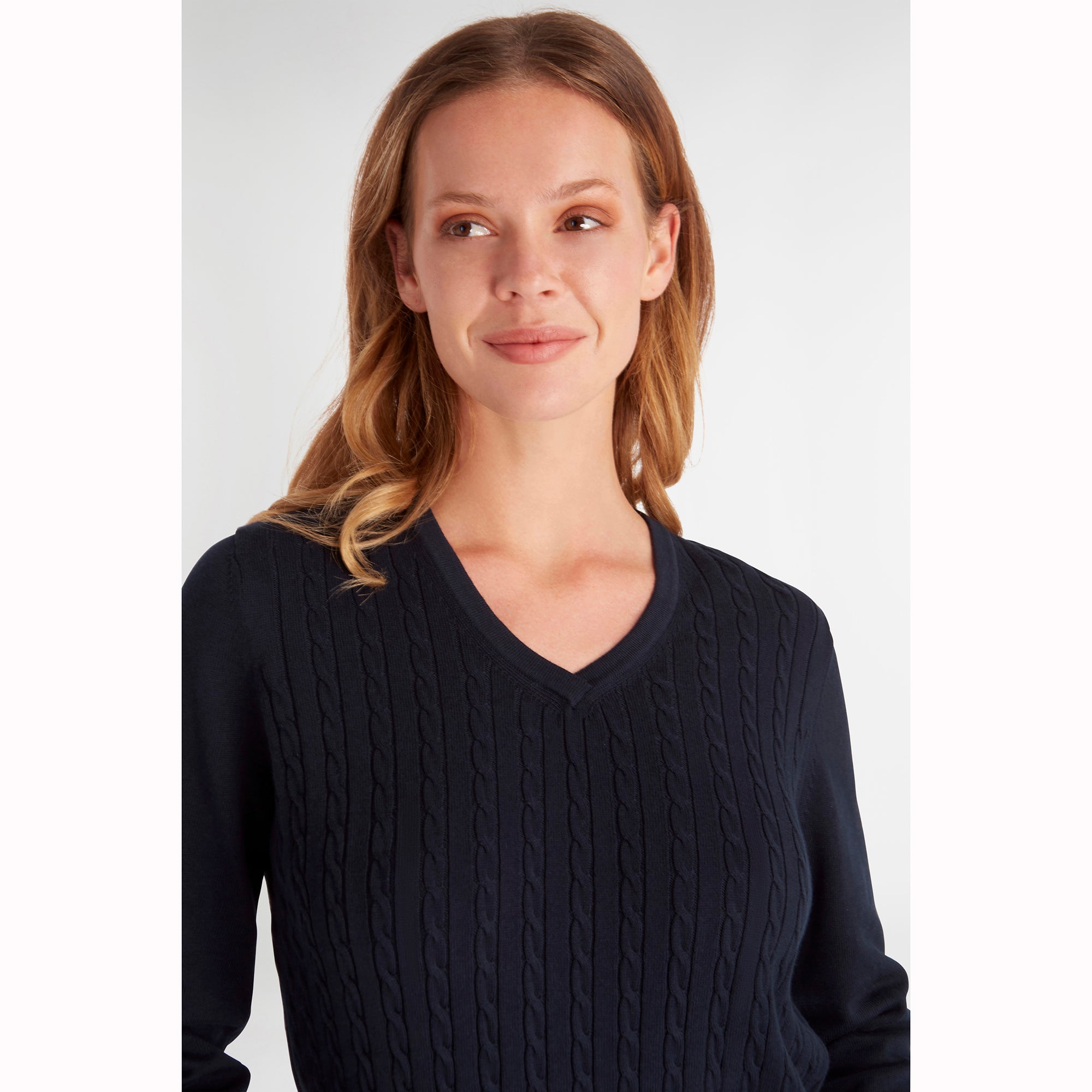 Green Lamb Ladies Navy Cable Knit V Neck Sweater GolfGarb