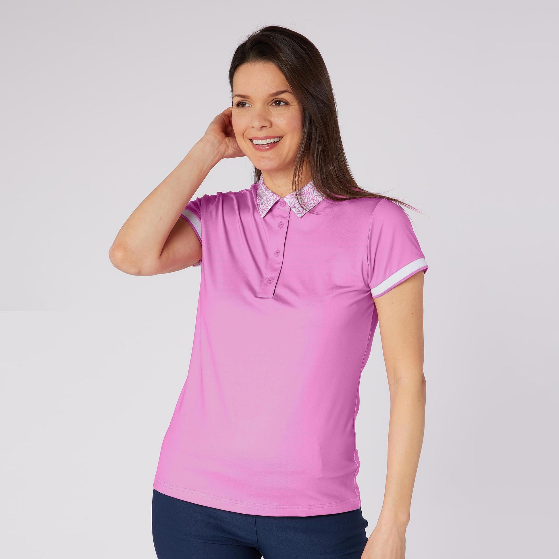 Swing Out Sister Ladies Cap Sleeve Polo with Seasonal Print Collar for A Subtle Pop of Style
