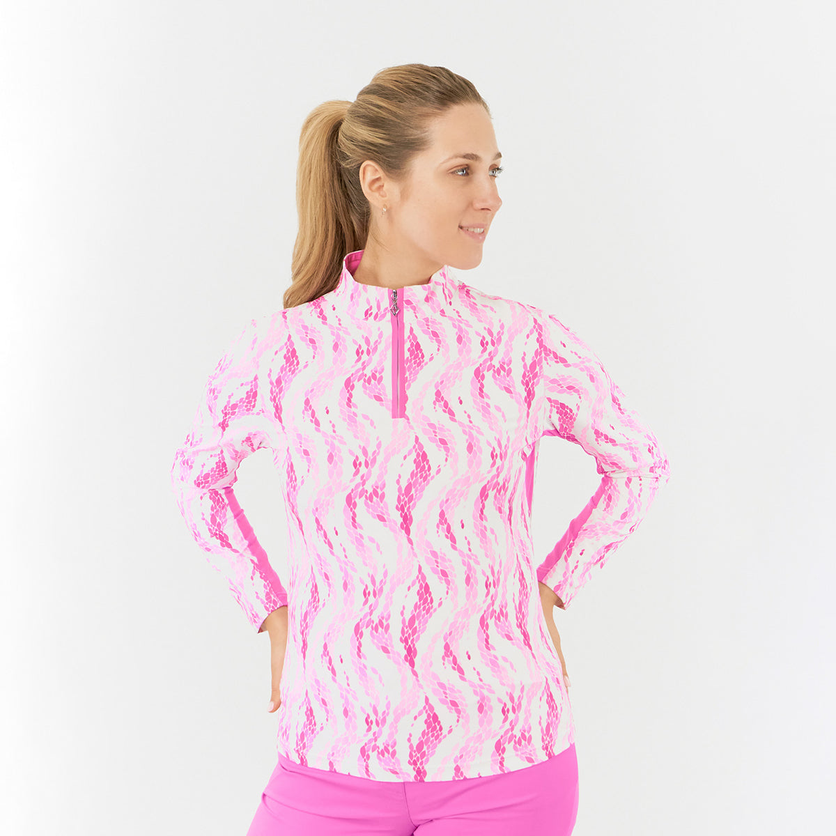 Pure Ladies Long Sleeve Golf Top in Petal Print with Mesh Panels