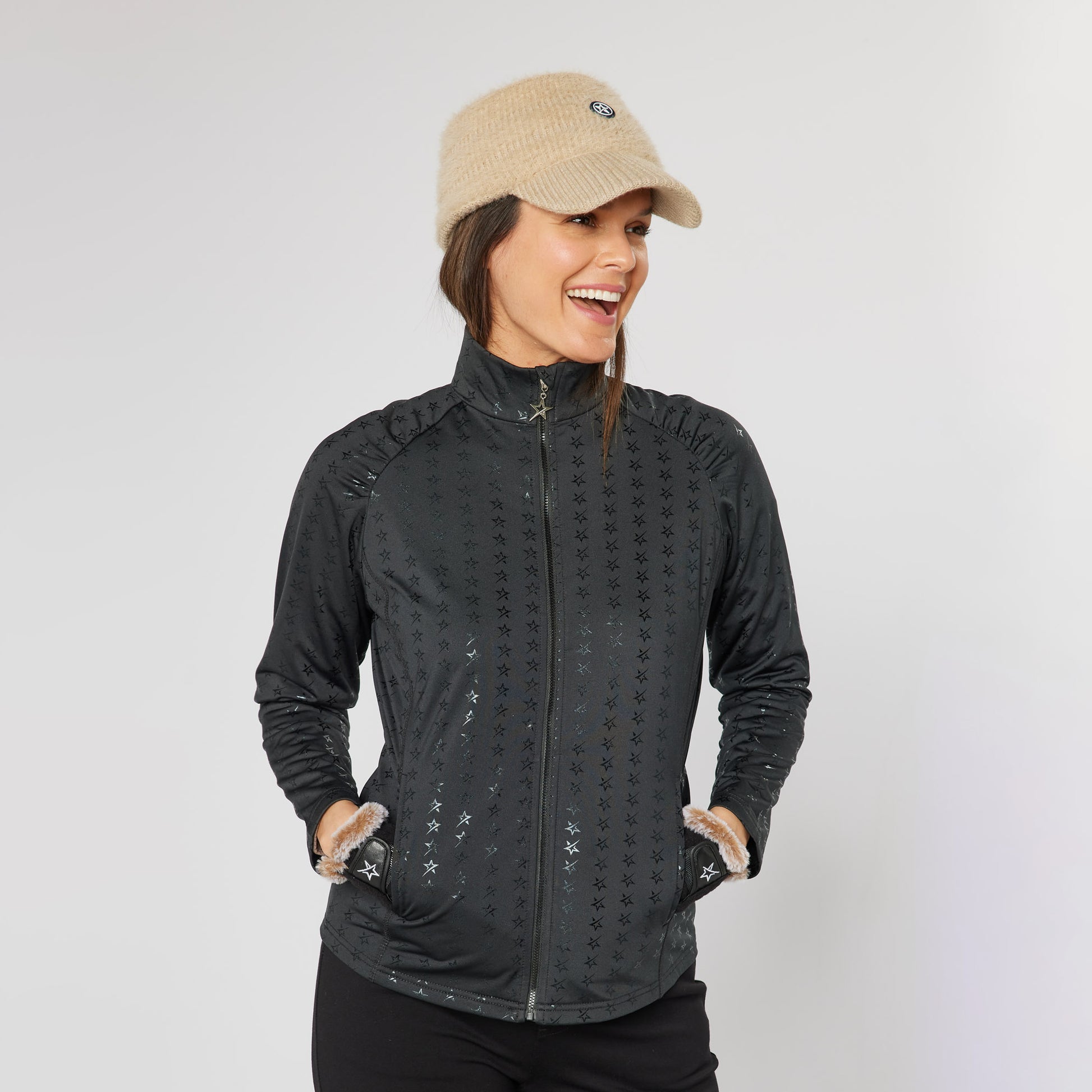 Swing Out Sister Ladies Brushed-Backed Full-Zip Mid Layer with Star Print in Black