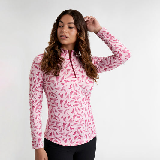 Green Lamb Ladies Soft-Stretch Abstract Linear Print 1/4 Zip Top